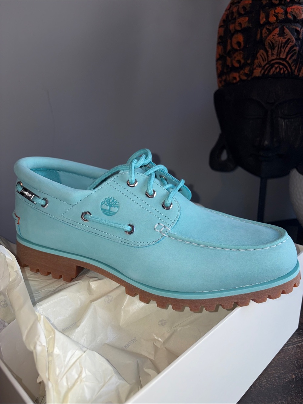 Timberland X Jacquemas Teal Boat Shoes with Brown Lug Sole limited